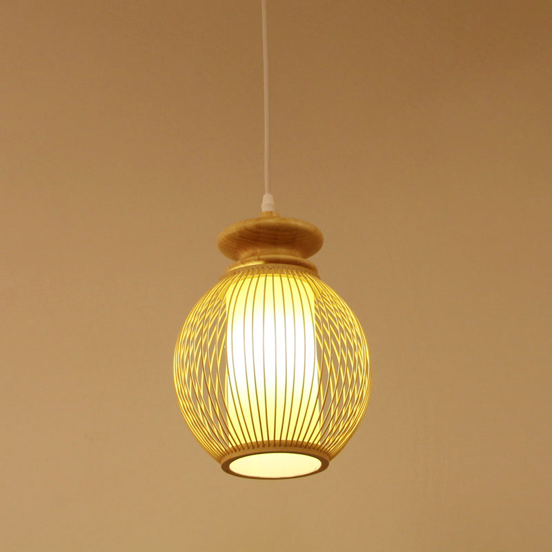 Jar Ceiling Lamp Japanese Bamboo 9"/12" Wide 1 Head Beige Pendant Lighting Fixture with Inner Tubular Parchment Shade Clearhalo 'Ceiling Lights' 'Pendant Lights' 'Pendants' Lighting' 367139