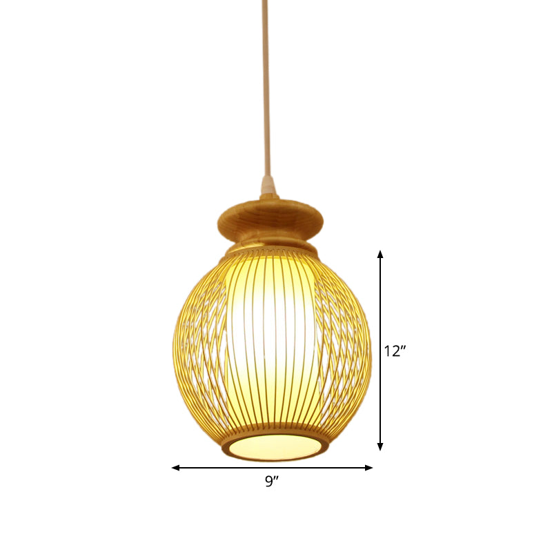 Jar Ceiling Lamp Japanese Bamboo 9"/12" Wide 1 Head Beige Pendant Lighting Fixture with Inner Tubular Parchment Shade Clearhalo 'Ceiling Lights' 'Pendant Lights' 'Pendants' Lighting' 367140