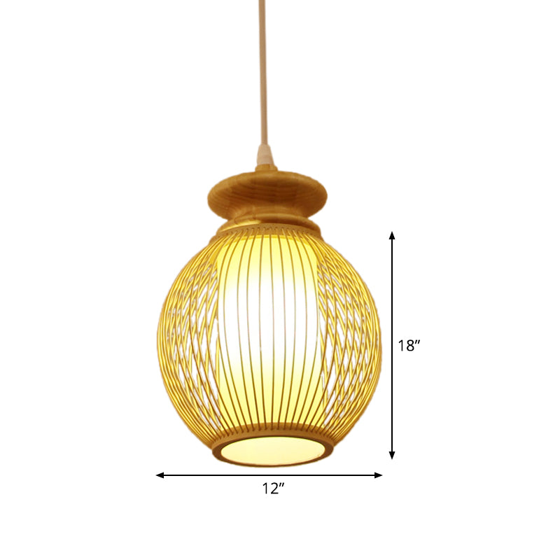 Jar Ceiling Lamp Japanese Bamboo 9"/12" Wide 1 Head Beige Pendant Lighting Fixture with Inner Tubular Parchment Shade Clearhalo 'Ceiling Lights' 'Pendant Lights' 'Pendants' Lighting' 367141