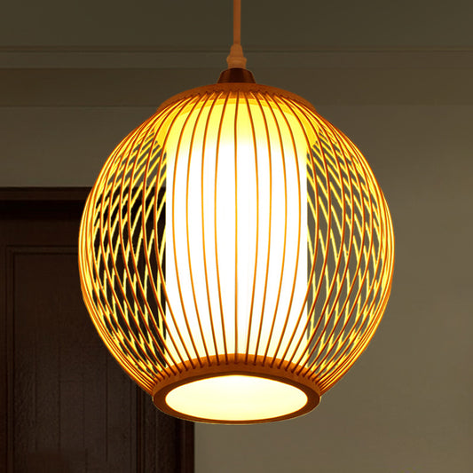 Chinese 1 Head Pendant Lighting Beige Lantern Ceiling Hanging Light with Bamboo Shade Clearhalo 'Ceiling Lights' 'Pendant Lights' 'Pendants' Lighting' 367143