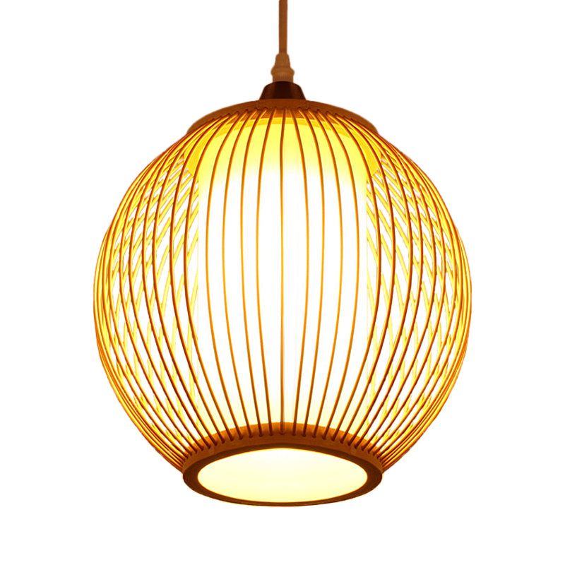 Chinese 1 Head Pendant Lighting Beige Lantern Ceiling Hanging Light with Bamboo Shade Clearhalo 'Ceiling Lights' 'Pendant Lights' 'Pendants' Lighting' 367144