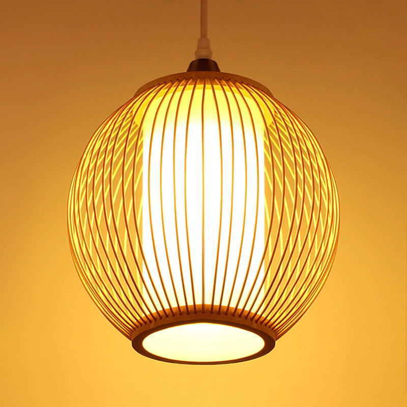 Chinese 1 Head Pendant Lighting Beige Lantern Ceiling Hanging Light with Bamboo Shade Clearhalo 'Ceiling Lights' 'Pendant Lights' 'Pendants' Lighting' 367145