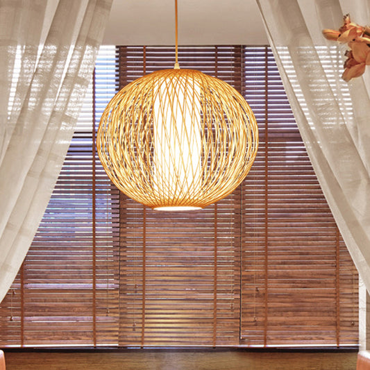 Beige Globe Pendant Lamp Chinese 1 Bulb Bamboo Hanging Light Kit with Inner White Cylinder Fabric Shade Clearhalo 'Ceiling Lights' 'Pendant Lights' 'Pendants' Lighting' 367153