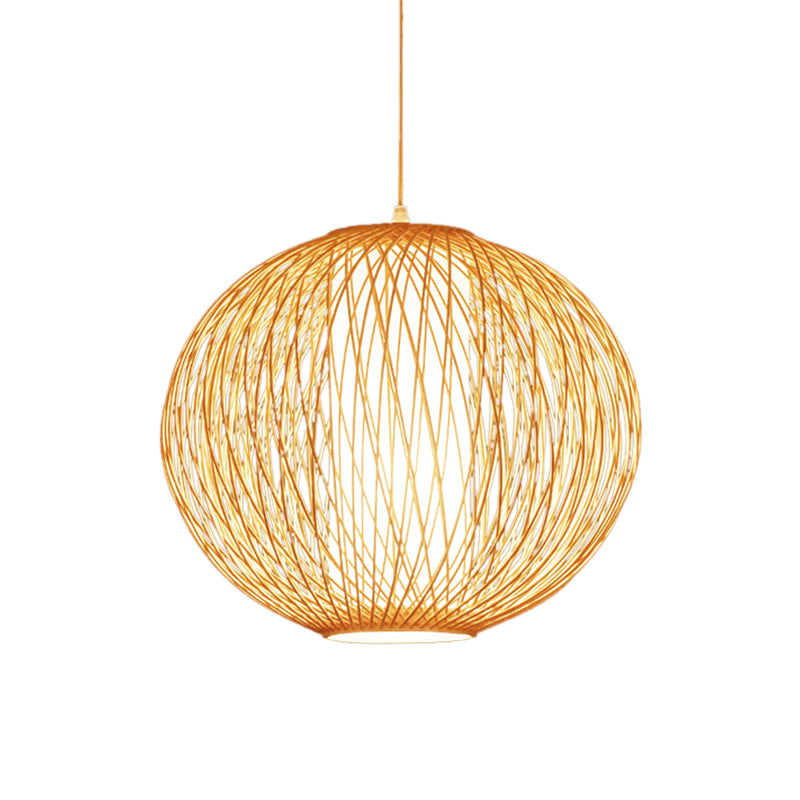 Beige Globe Pendant Lamp Chinese 1 Bulb Bamboo Hanging Light Kit with Inner White Cylinder Fabric Shade Clearhalo 'Ceiling Lights' 'Pendant Lights' 'Pendants' Lighting' 367154