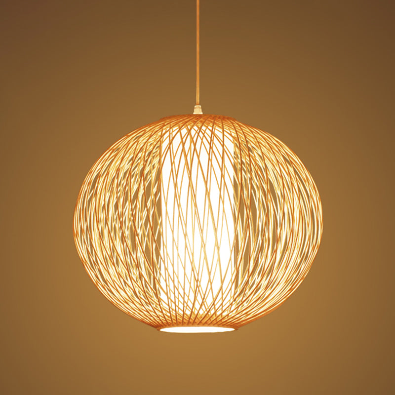 Beige Globe Pendant Lamp Chinese 1 Bulb Bamboo Hanging Light Kit with Inner White Cylinder Fabric Shade Clearhalo 'Ceiling Lights' 'Pendant Lights' 'Pendants' Lighting' 367155