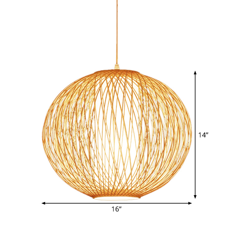 Beige Globe Pendant Lamp Chinese 1 Bulb Bamboo Hanging Light Kit with Inner White Cylinder Fabric Shade Clearhalo 'Ceiling Lights' 'Pendant Lights' 'Pendants' Lighting' 367156