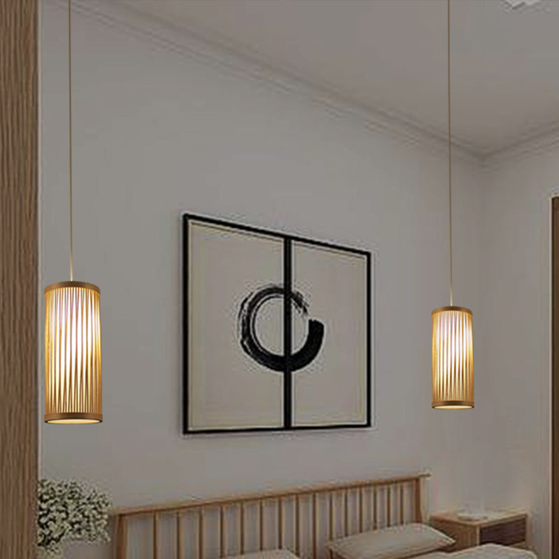 Cylindrical Ceiling Light Japanese Bamboo 1 Head Wood Suspended Lighting Fixture Clearhalo 'Ceiling Lights' 'Pendant Lights' 'Pendants' Lighting' 367163