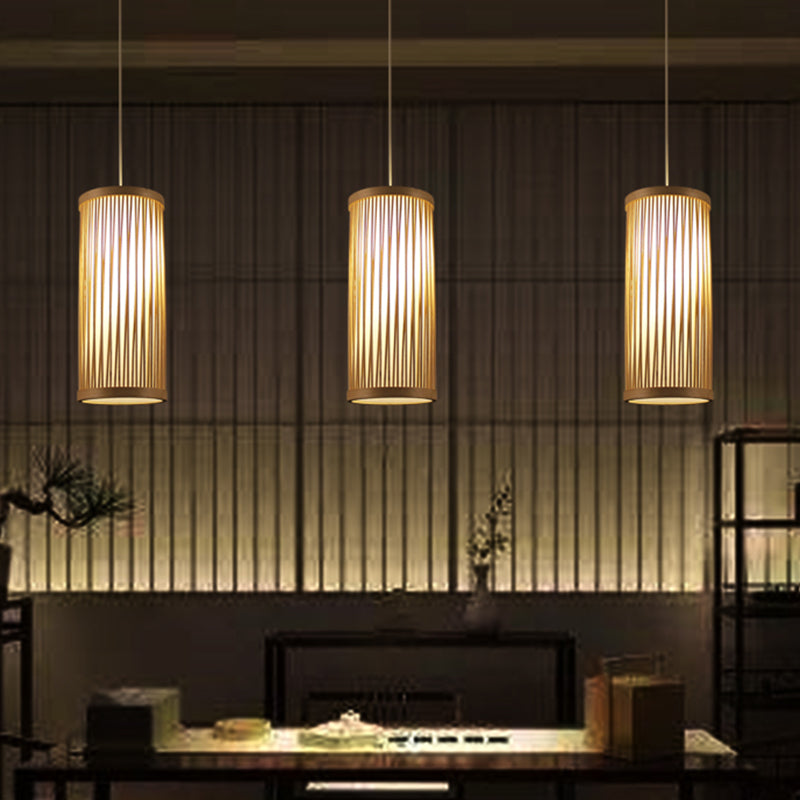 Cylindrical Ceiling Light Japanese Bamboo 1 Head Wood Suspended Lighting Fixture Clearhalo 'Ceiling Lights' 'Pendant Lights' 'Pendants' Lighting' 367164