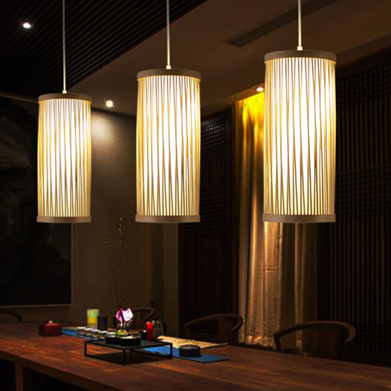 Asian 1 Head Pendant Lighting Wood Cylinder Hanging Ceiling Light with Bamboo Shade Clearhalo 'Ceiling Lights' 'Pendant Lights' 'Pendants' Lighting' 367174