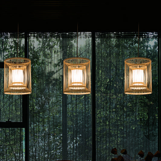 Cylindrical Hanging Light Japanese Bamboo 1 Bulb 12"/16" Wide Wood Pendant Lighting Fixture Clearhalo 'Ceiling Lights' 'Pendant Lights' 'Pendants' Lighting' 367178