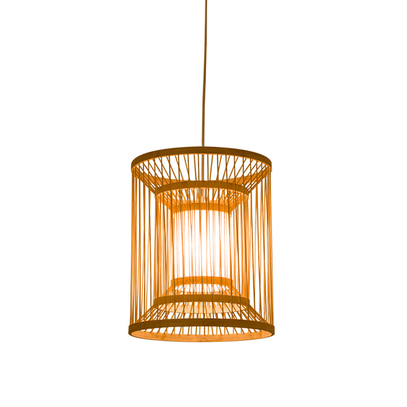 Cylindrical Hanging Light Japanese Bamboo 1 Bulb 12"/16" Wide Wood Pendant Lighting Fixture Clearhalo 'Ceiling Lights' 'Pendant Lights' 'Pendants' Lighting' 367180