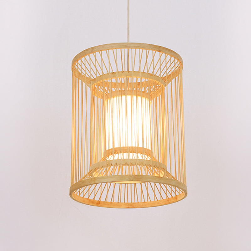 Cylindrical Hanging Light Japanese Bamboo 1 Bulb 12"/16" Wide Wood Pendant Lighting Fixture Clearhalo 'Ceiling Lights' 'Pendant Lights' 'Pendants' Lighting' 367181