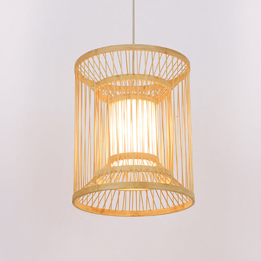Cylindrical Hanging Light Japanese Bamboo 1 Bulb 12"/16" Wide Wood Pendant Lighting Fixture Clearhalo 'Ceiling Lights' 'Pendant Lights' 'Pendants' Lighting' 367181