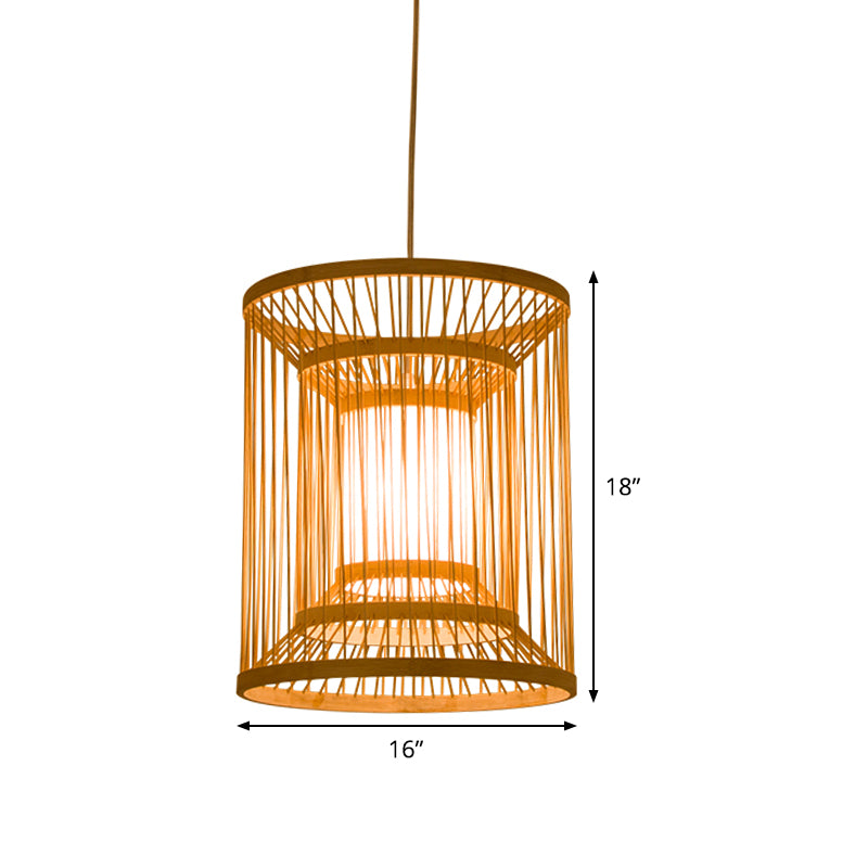 Cylindrical Hanging Light Japanese Bamboo 1 Bulb 12"/16" Wide Wood Pendant Lighting Fixture Clearhalo 'Ceiling Lights' 'Pendant Lights' 'Pendants' Lighting' 367183