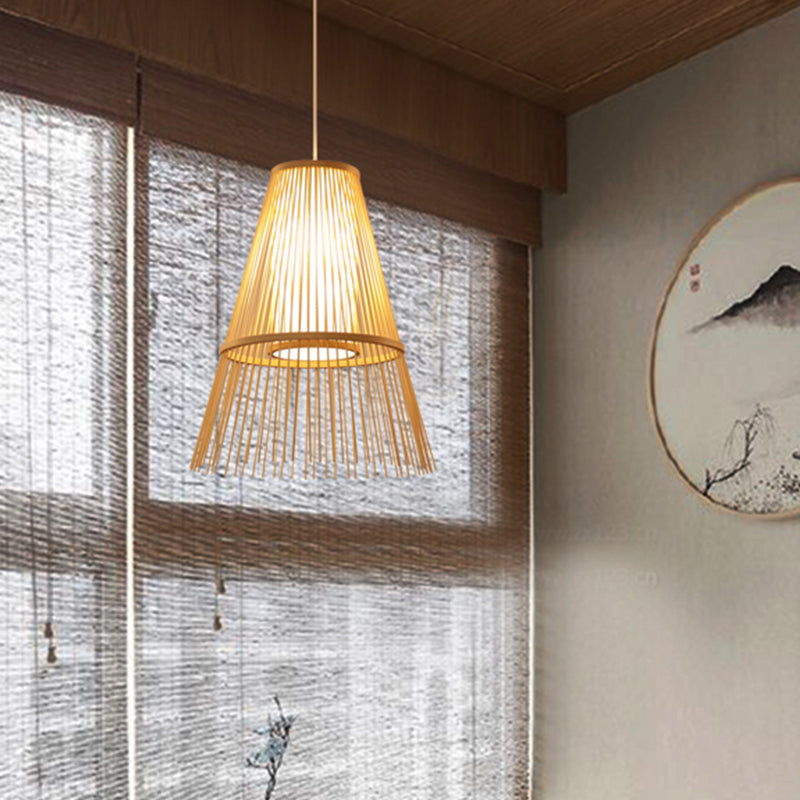 Asian 1 Bulb Hanging Lamp Beige Tapered Pendant Lighting Fixture with Bamboo Shade Beige Clearhalo 'Ceiling Lights' 'Pendant Lights' 'Pendants' Lighting' 367201_624aae22-37a8-4b6d-9e10-c06cf509c794