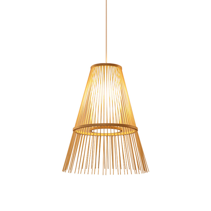 Asian 1 Bulb Hanging Lamp Beige Tapered Pendant Lighting Fixture with Bamboo Shade Clearhalo 'Ceiling Lights' 'Pendant Lights' 'Pendants' Lighting' 367203