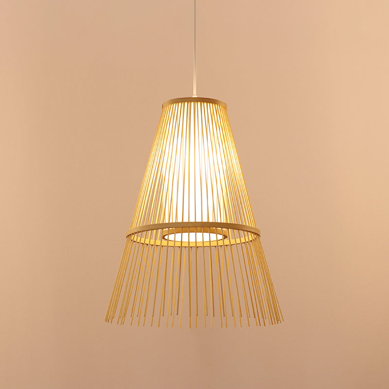 Asian 1 Bulb Hanging Lamp Beige Tapered Pendant Lighting Fixture with Bamboo Shade Clearhalo 'Ceiling Lights' 'Pendant Lights' 'Pendants' Lighting' 367204