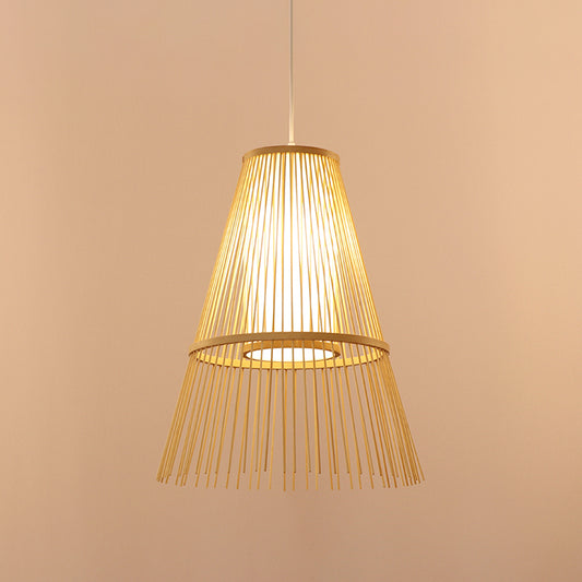 Asian 1 Bulb Hanging Lamp Beige Tapered Pendant Lighting Fixture with Bamboo Shade Clearhalo 'Ceiling Lights' 'Pendant Lights' 'Pendants' Lighting' 367204