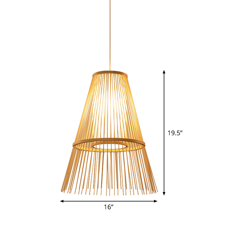 Asian 1 Bulb Hanging Lamp Beige Tapered Pendant Lighting Fixture with Bamboo Shade Clearhalo 'Ceiling Lights' 'Pendant Lights' 'Pendants' Lighting' 367205