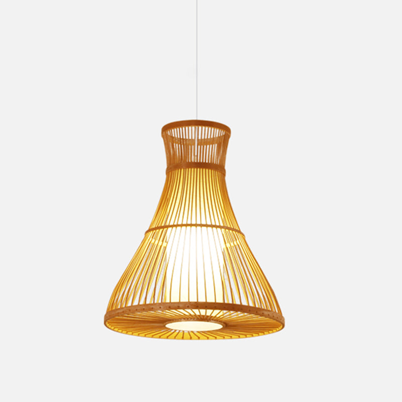 Beige Flared Ceiling Lamp Asian 1 Bulb Bamboo Hanging Light Fixture with Inner Tube Parchment Shade Clearhalo 'Ceiling Lights' 'Modern Pendants' 'Modern' 'Pendant Lights' 'Pendants' Lighting' 367214