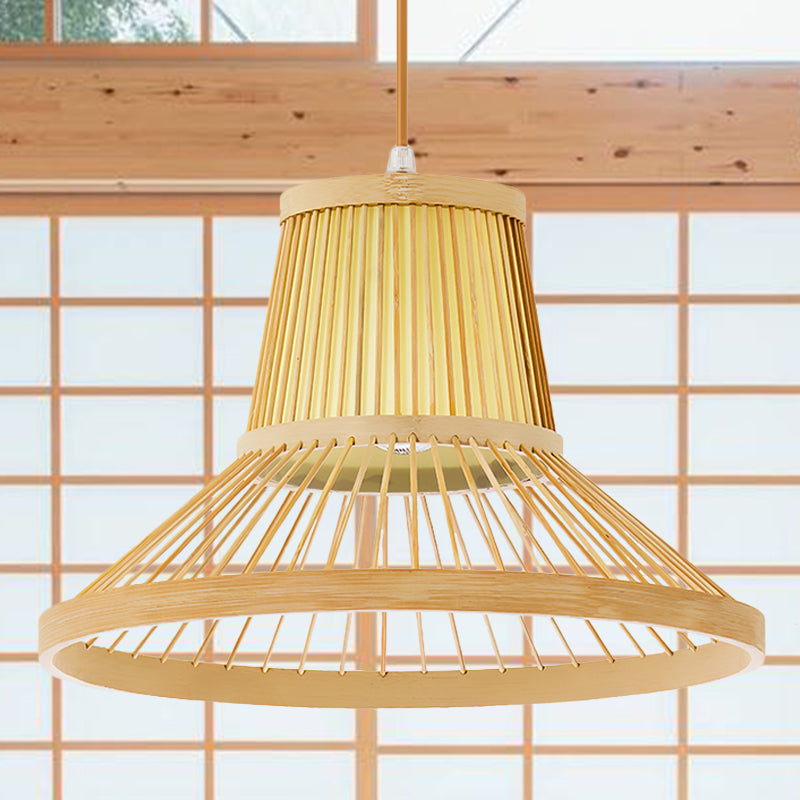 1 Head Trumpet Hanging Light South-East Asia Bamboo Pendant Lighting Fixture in Beige Clearhalo 'Ceiling Lights' 'Pendant Lights' 'Pendants' Lighting' 367243