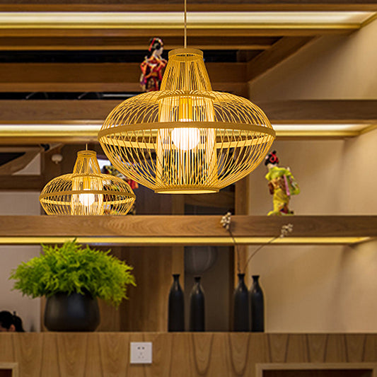 1 Head Restaurant Pendant Lamp Asia Wood Hanging Ceiling Light with Curved Bamboo Shade Clearhalo 'Ceiling Lights' 'Pendant Lights' 'Pendants' Lighting' 367262