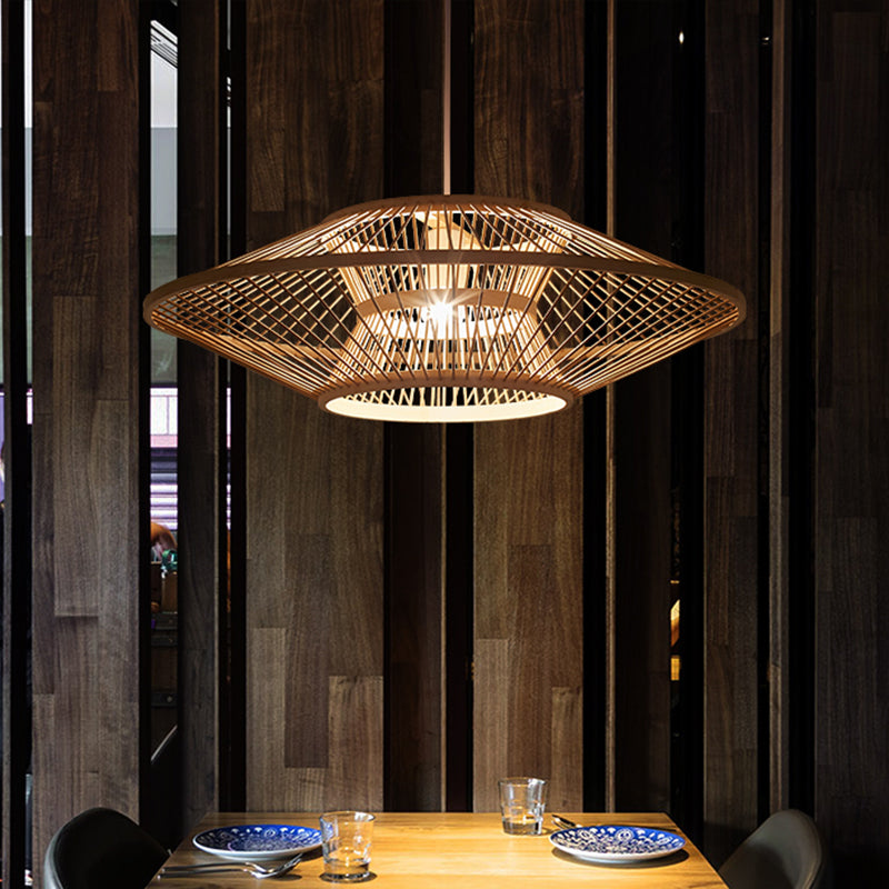 Chinese Saucer Ceiling Light Bamboo 1 Bulb Suspended Lighting Fixture in Wood for Teahouse Wood Clearhalo 'Ceiling Lights' 'Pendant Lights' 'Pendants' Lighting' 367272_5af3a198-cd7d-4cb0-8cd1-3385e7229ba1