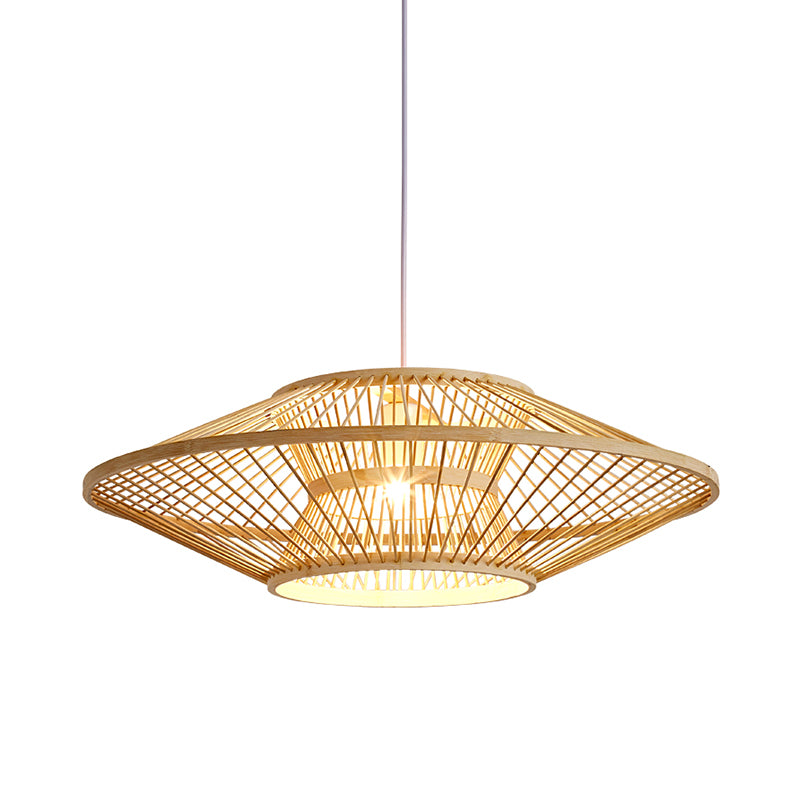 Chinese Saucer Ceiling Light Bamboo 1 Bulb Suspended Lighting Fixture in Wood for Teahouse Clearhalo 'Ceiling Lights' 'Pendant Lights' 'Pendants' Lighting' 367274