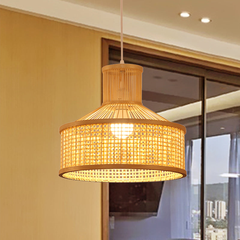 Chinese 1 Bulb Pendant Lamp Beige Hand Woven Hanging Light Fixture with Bamboo Shade Clearhalo 'Ceiling Lights' 'Pendant Lights' 'Pendants' Lighting' 367282