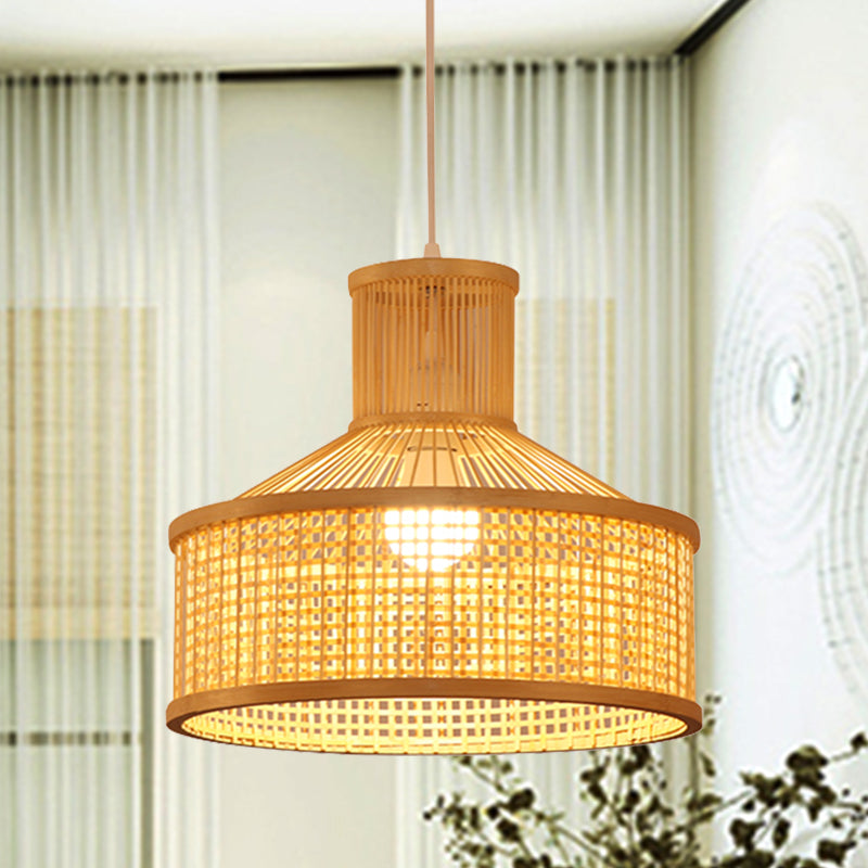 Chinese 1 Bulb Pendant Lamp Beige Hand Woven Hanging Light Fixture with Bamboo Shade Clearhalo 'Ceiling Lights' 'Pendant Lights' 'Pendants' Lighting' 367283