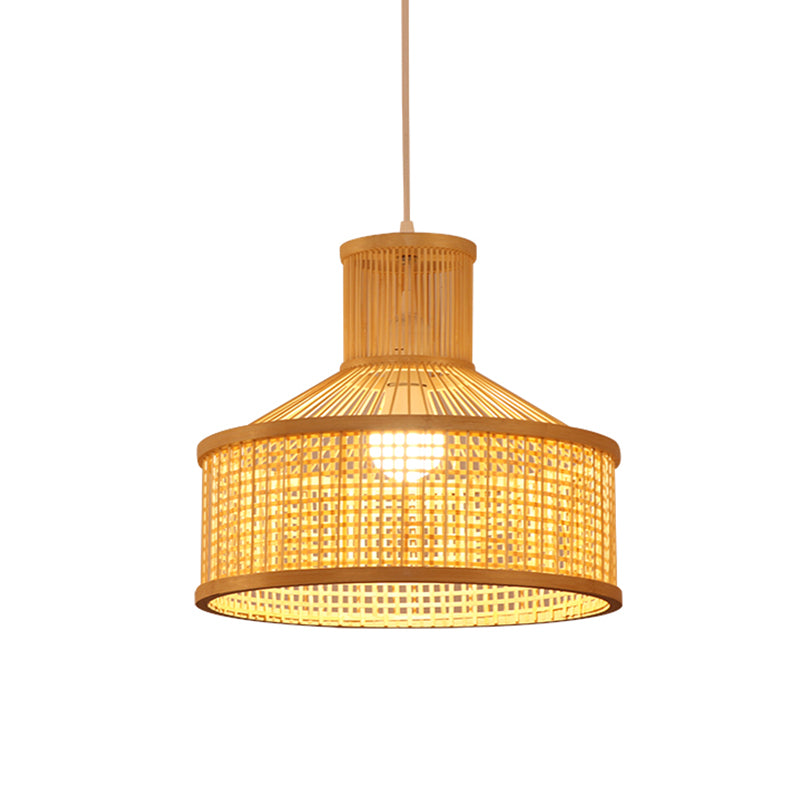 Chinese 1 Bulb Pendant Lamp Beige Hand Woven Hanging Light Fixture with Bamboo Shade Clearhalo 'Ceiling Lights' 'Pendant Lights' 'Pendants' Lighting' 367284