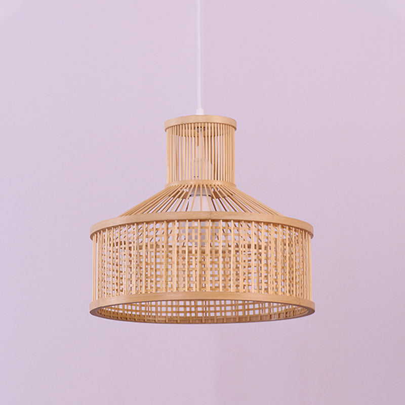 Chinese 1 Bulb Pendant Lamp Beige Hand Woven Hanging Light Fixture with Bamboo Shade Clearhalo 'Ceiling Lights' 'Pendant Lights' 'Pendants' Lighting' 367285