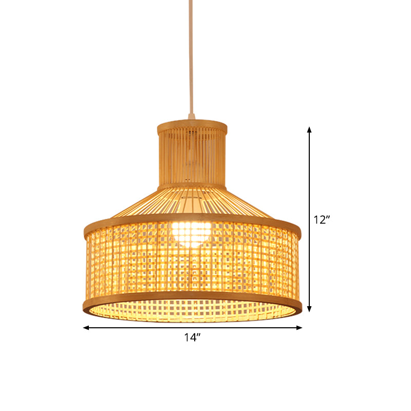 Chinese 1 Bulb Pendant Lamp Beige Hand Woven Hanging Light Fixture with Bamboo Shade Clearhalo 'Ceiling Lights' 'Pendant Lights' 'Pendants' Lighting' 367286