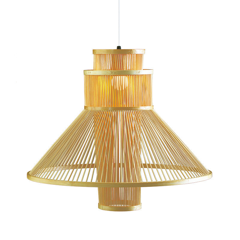 1 Head Living Room Pendant Light Asia Beige Ceiling Suspension Lamp with Tapered Bamboo Shade Clearhalo 'Ceiling Lights' 'Pendant Lights' 'Pendants' Lighting' 367290