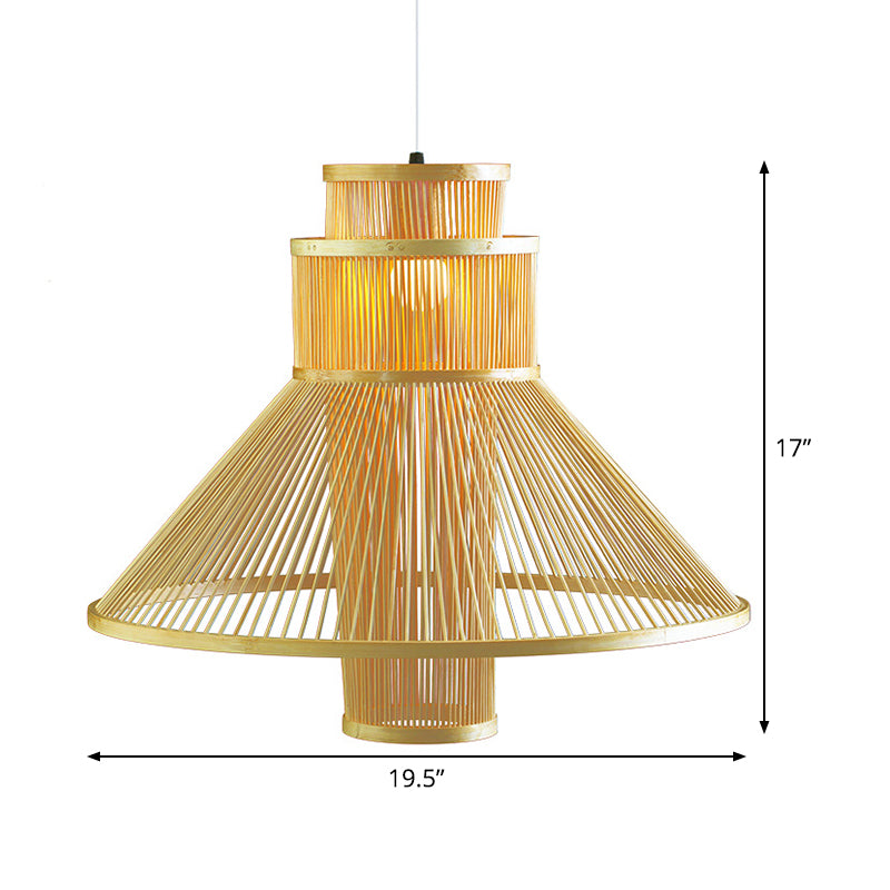 1 Head Living Room Pendant Light Asia Beige Ceiling Suspension Lamp with Tapered Bamboo Shade Clearhalo 'Ceiling Lights' 'Pendant Lights' 'Pendants' Lighting' 367291