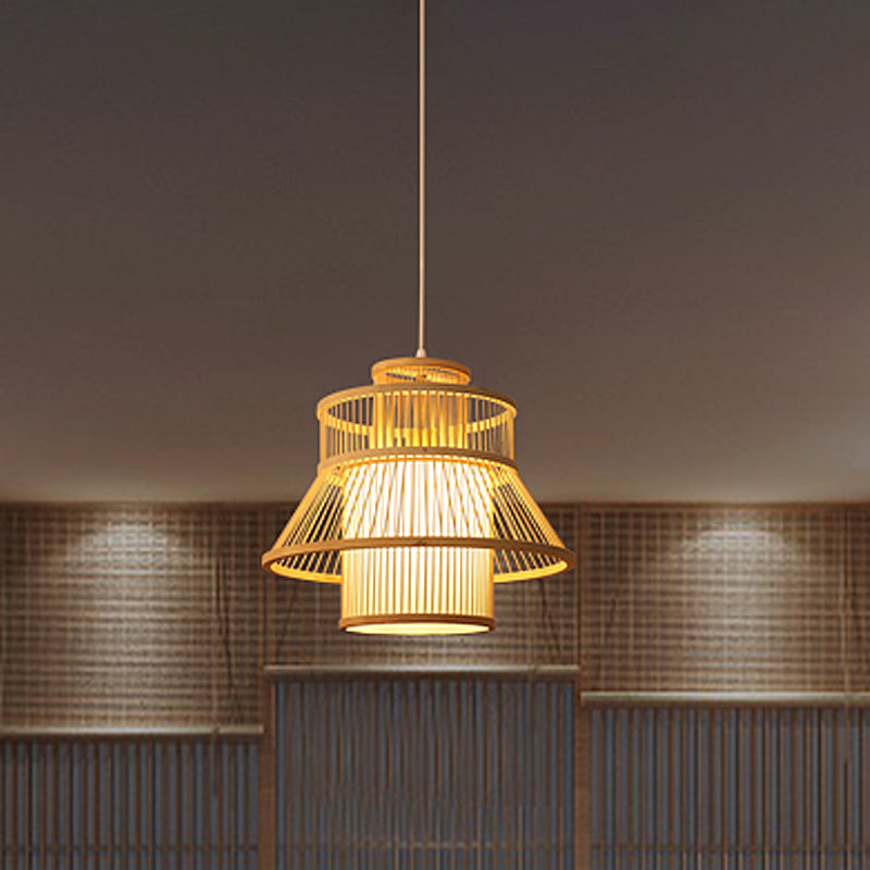 Wood Flared Hanging Light Chinese 1 Bulb Bamboo Suspended Lighting Fixture for Tearoom Wood Clearhalo 'Ceiling Lights' 'Pendant Lights' 'Pendants' Lighting' 367297_fd176d18-6bb1-41f9-9d39-d758295ff58d