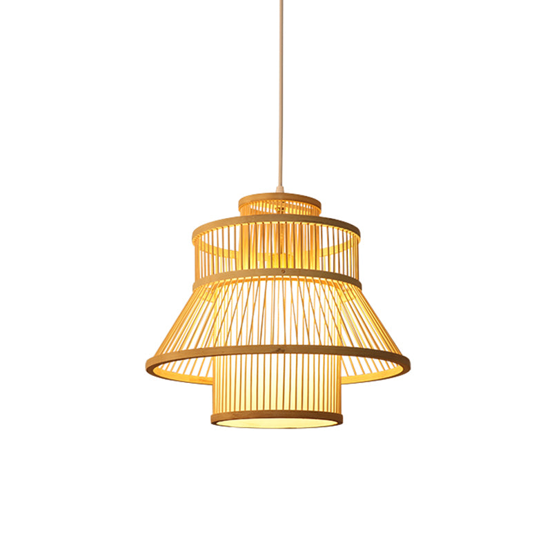 Wood Flared Hanging Light Chinese 1 Bulb Bamboo Suspended Lighting Fixture for Tearoom Clearhalo 'Ceiling Lights' 'Pendant Lights' 'Pendants' Lighting' 367299