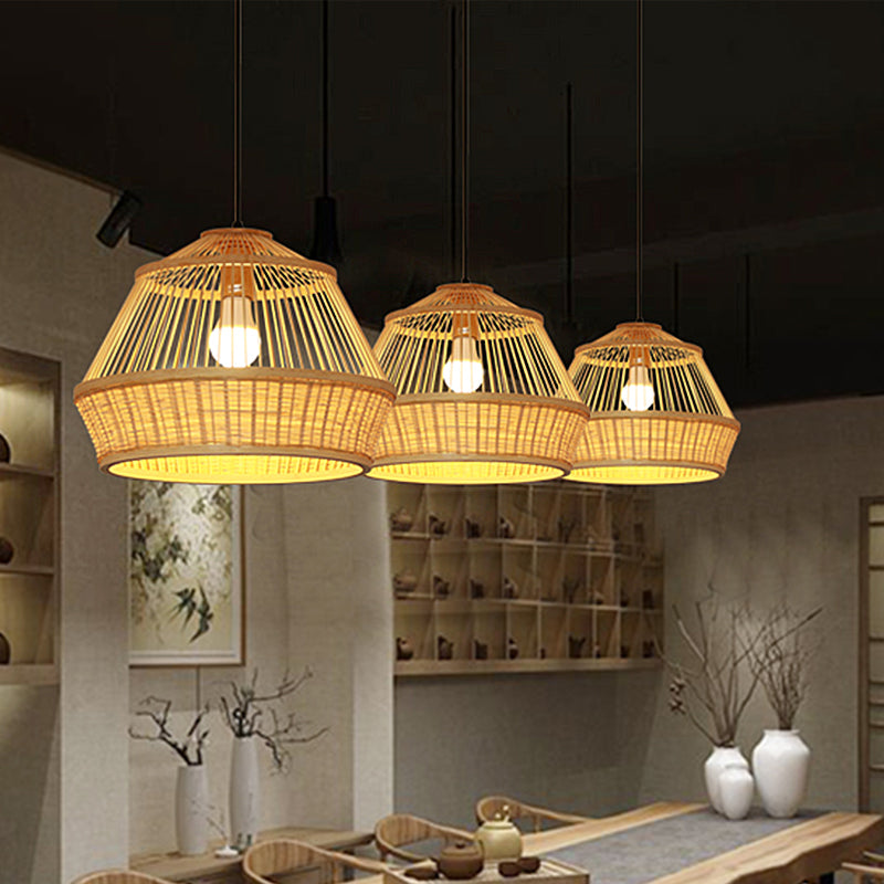 1 Bulb Teahouse Pendant Light Asia Beige Suspended Lighting Fixture with Basket Bamboo Shade Clearhalo 'Ceiling Lights' 'Pendant Lights' 'Pendants' Lighting' 367312
