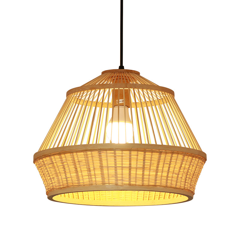 1 Bulb Teahouse Pendant Light Asia Beige Suspended Lighting Fixture with Basket Bamboo Shade Clearhalo 'Ceiling Lights' 'Pendant Lights' 'Pendants' Lighting' 367314