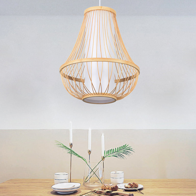 Teardrop Ceiling Light Japanese Bamboo 1 Bulb Wood Pendant Lighting Fixture with Tubular White Parchment Shade Clearhalo 'Ceiling Lights' 'Pendant Lights' 'Pendants' Lighting' 367317