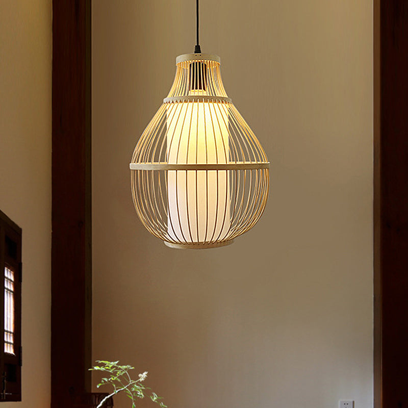 Beige Pear Hanging Lamp Chinese 1 Head Bamboo Ceiling Pendant Light for Dining Room Clearhalo 'Ceiling Lights' 'Pendant Lights' 'Pendants' Lighting' 367322