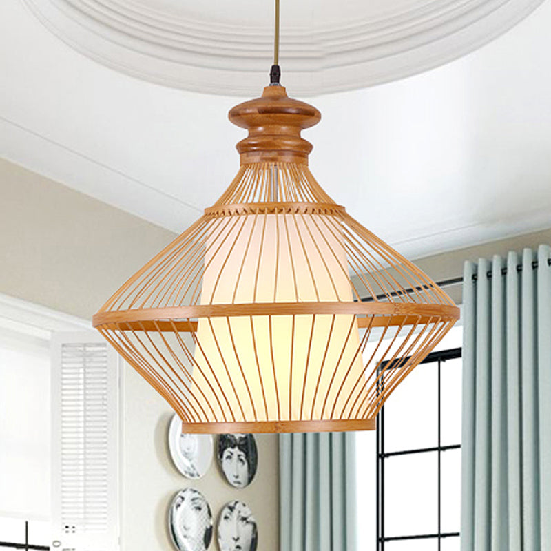 Bamboo Urn Ceiling Lamp Japanese 1 Head Hanging Pendant Light in Beige with Inner Tapered White Parchment Shade Beige Clearhalo 'Ceiling Lights' 'Pendant Lights' 'Pendants' Lighting' 367332_00030d56-d8a0-4c60-8fe8-0c0b9221eb97