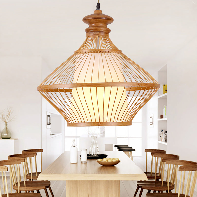 Bamboo Urn Ceiling Lamp Japanese 1 Head Hanging Pendant Light in Beige with Inner Tapered White Parchment Shade Clearhalo 'Ceiling Lights' 'Pendant Lights' 'Pendants' Lighting' 367333