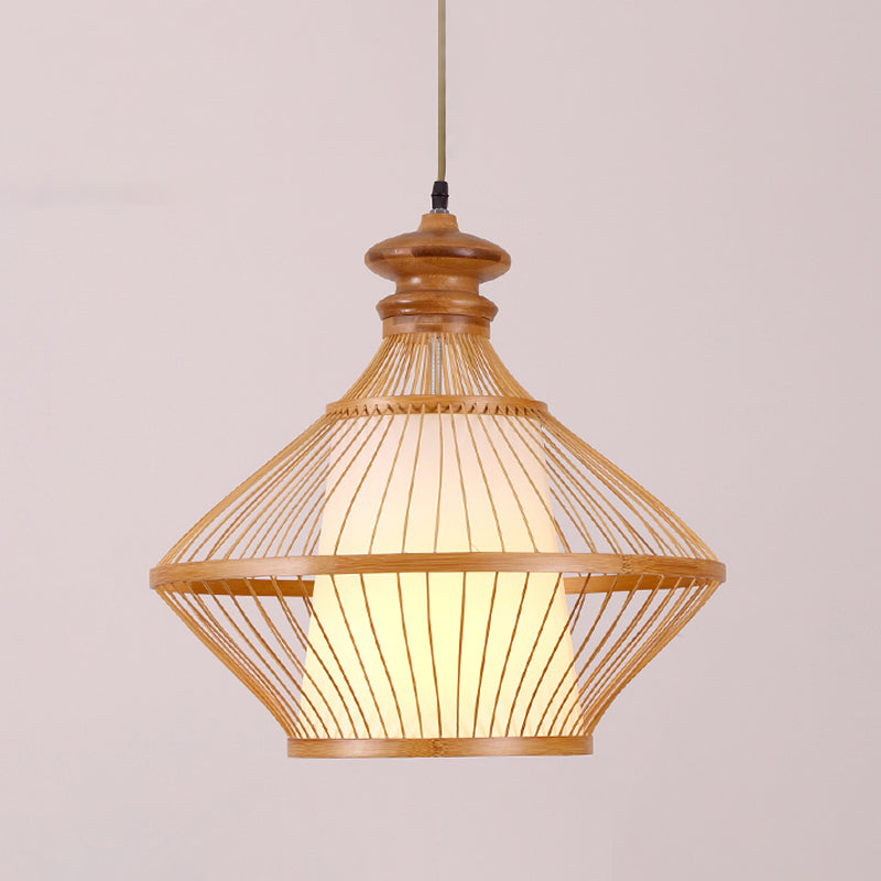 Bamboo Urn Ceiling Lamp Japanese 1 Head Hanging Pendant Light in Beige with Inner Tapered White Parchment Shade Clearhalo 'Ceiling Lights' 'Pendant Lights' 'Pendants' Lighting' 367335