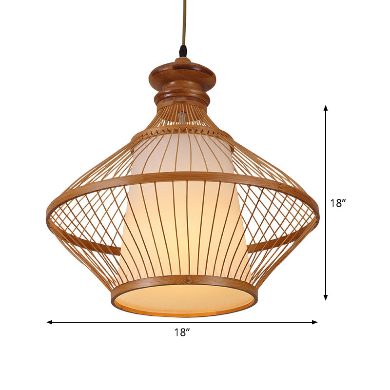 Bamboo Urn Ceiling Lamp Japanese 1 Head Hanging Pendant Light in Beige with Inner Tapered White Parchment Shade Clearhalo 'Ceiling Lights' 'Pendant Lights' 'Pendants' Lighting' 367336