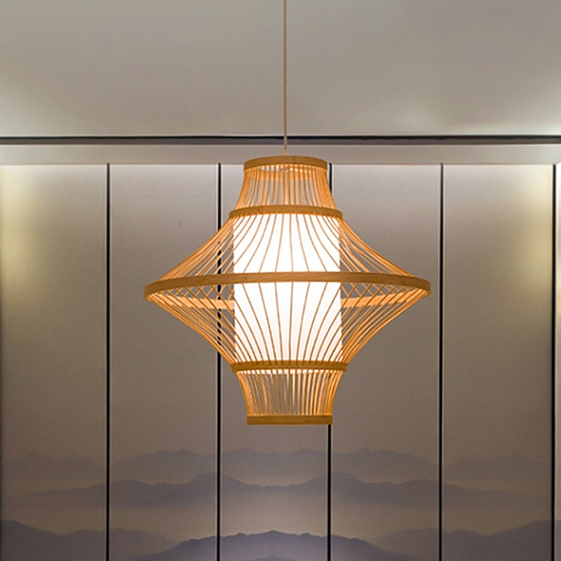 Flying Saucer Bamboo Ceiling Light Asia 1 Head Wood Suspended Lighting Fixture with Cylinder White Parchment Shade Wood Clearhalo 'Ceiling Lights' 'Pendant Lights' 'Pendants' Lighting' 367342_6b2922f7-b5cd-43ed-bffa-43dba1d4a5b9