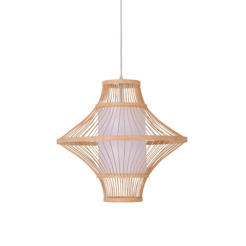 Flying Saucer Bamboo Ceiling Light Asia 1 Head Wood Suspended Lighting Fixture with Cylinder White Parchment Shade Clearhalo 'Ceiling Lights' 'Pendant Lights' 'Pendants' Lighting' 367344