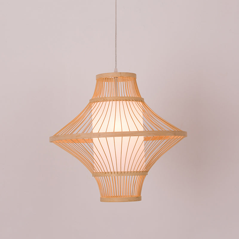 Flying Saucer Bamboo Ceiling Light Asia 1 Head Wood Suspended Lighting Fixture with Cylinder White Parchment Shade Clearhalo 'Ceiling Lights' 'Pendant Lights' 'Pendants' Lighting' 367345