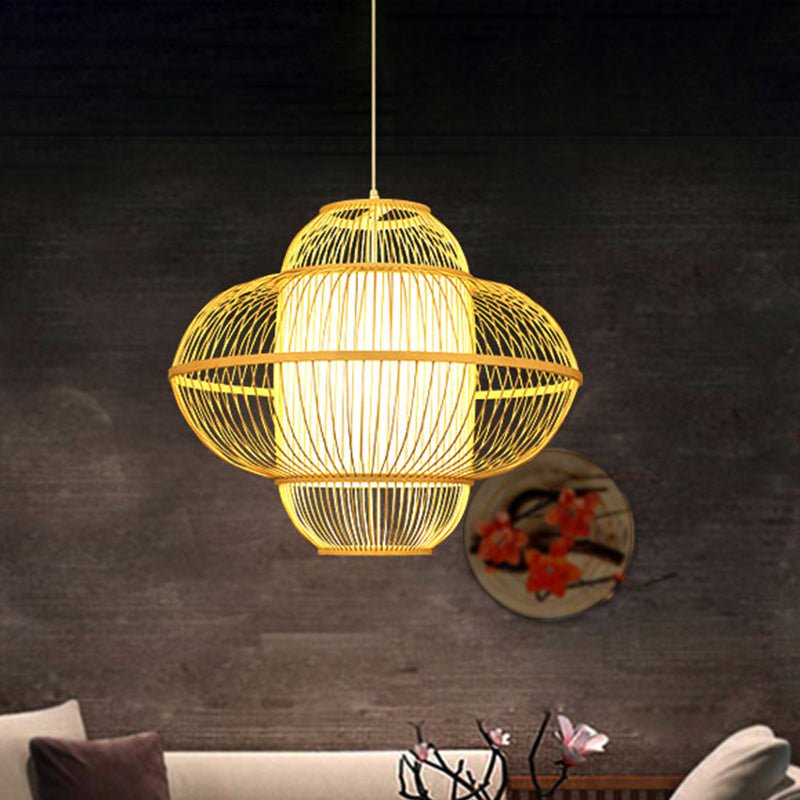 Lantern Pendant Lamp Chinese Bamboo 1 Head Beige Hanging Ceiling Light, 18"/23.5" Wide Clearhalo 'Ceiling Lights' 'Pendant Lights' 'Pendants' Lighting' 367347