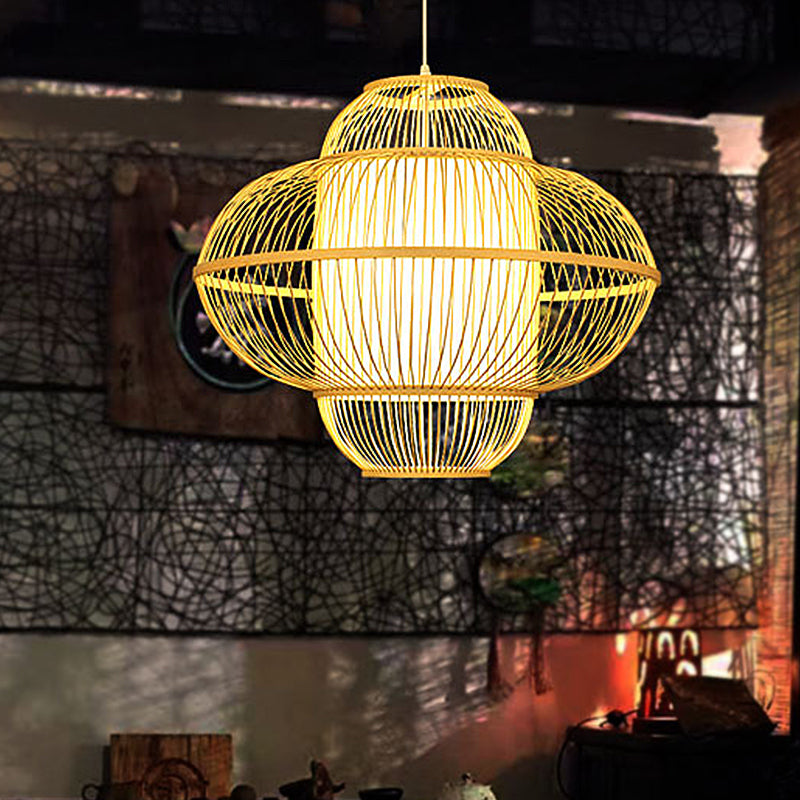 Lantern Pendant Lamp Chinese Bamboo 1 Head Beige Hanging Ceiling Light, 18"/23.5" Wide Clearhalo 'Ceiling Lights' 'Pendant Lights' 'Pendants' Lighting' 367348